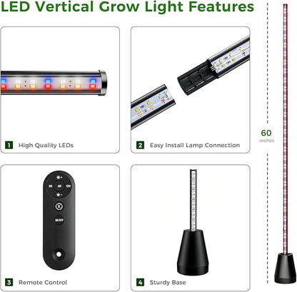 Grow Lights for Indoor Plants with Timer, 60 Inch Vertical Grow Light Full Spectrum 192 LEDs 24W with 3/6/12H Auto On/Off Remote 3 Light Modes 5-Level Dimmable Standing Plant Lamp
