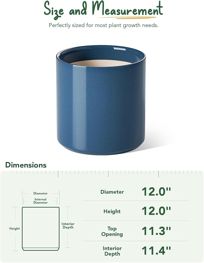 LE TAUCI 12 Inch Pot for Plants, Ceramic Planters for Indoor Plants, Mid-Century Modern Cylinder Flower Pots with Drainage Hole, Fits Fiddle Leaf Fig & Monstera, Home Decor, Harbor Blue