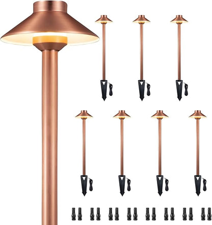 Gardenreet Brass Low Voltage Path Lights(Hat) Outdoor Waterproof IP65, 12v LED Copper Landscape Lights Wired Fixture for Patio Walkway Driveway Garden Yard Without G4 Bulb(8 Pack)