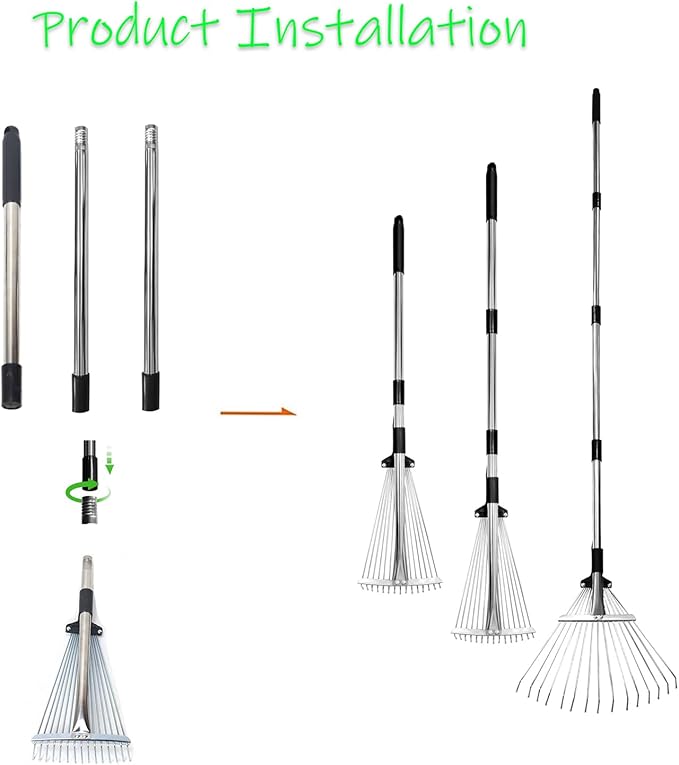Adjustable Garden Rake, Heavy Duty 34 to 67 Inch Expandable Leaf Rake with 7-14 inch Wide Head, Shrubs, Yard, Garden Beds, Professional Landscaping Tools