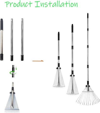 Adjustable Garden Rake, Heavy Duty 34 to 67 Inch Expandable Leaf Rake with 7-14 inch Wide Head, Shrubs, Yard, Garden Beds, Professional Landscaping Tools