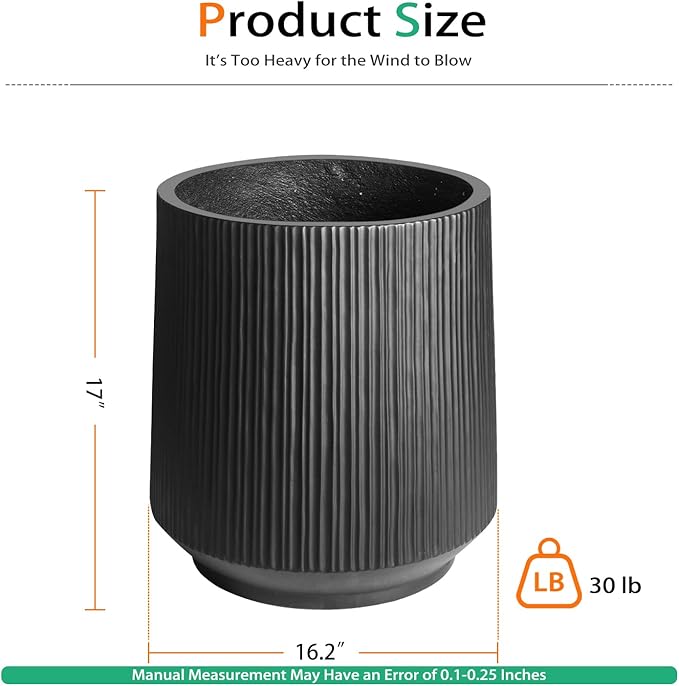 Concrete Planter Outdoor Indoor, Large Cement Plant Pots with Saucer for Trees Flowers (Vertical Black, 17 inch)