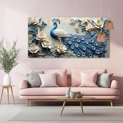 Navy Blue Peacock Wall Art for Living Room Office Elegant Animal Peacock and Roses Painting Prints Vintage Canvas Artwork Girls Bedroom Décor Ready to Hang (30x60 Inches)