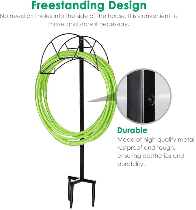 TomCare Garden Hose Holder Detachable Metal Water Hose Holder Holds 150 FT Hoses Free Standing Hose Hanger Stand Heavy Duty Garden Storage Rack for Outside Yard Lawn, Black