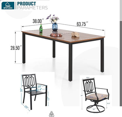 MFSTUDIO Outdoor Dining Set for 6, Metal Patio Table and Chairs Set with Umbrella Hole, 7 Piece Patio Dining Set with Stackable and Swivel Chairs