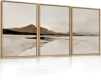 Ausril Beige and Brown Foggy Framed Canvas Wall Art Set, Modern Misty Landscape Wall Decor, Abstract Mountain Lake Wall Painting, Minimalist Nature Art Prints for Living Room, Bedroom - 24"X36"X3