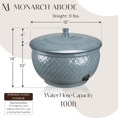 Monarch Abode Garden Hose Holder with Lid – Decorative Water Hose Holders for Outside, Diamond Embossed Metal Patina Pot with Drainage, 100ft Waterhose Holder for Outside, Garden Storage Caddy