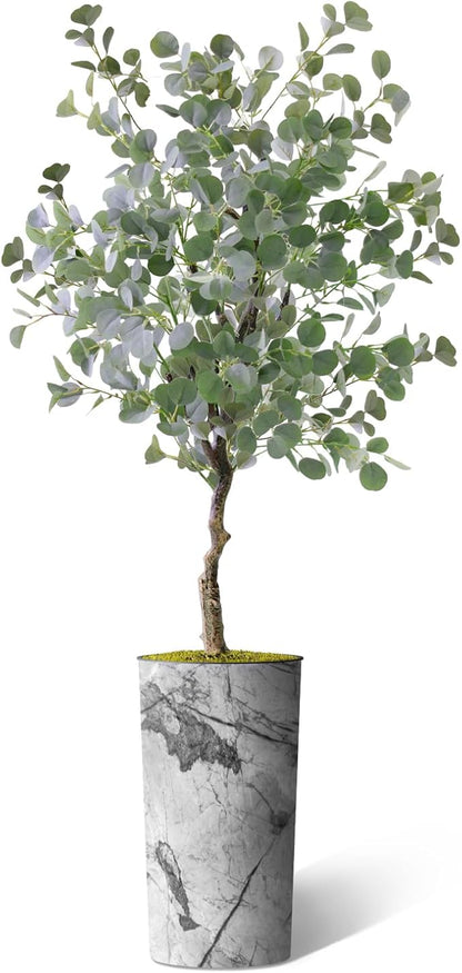 Artificial Tree in Gray Marble Effect Planter, Fake Eucalyptus Silk Tree for Indoor and Outdoor Home Decoration - 66" Overall Tall (Plant Pot Plus Tree)