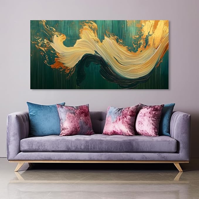 Abstract Marble Canvas Wall Art Paintings Green and Gold Canvas Wall Art Emerald Green Prints Posters Modern Abstract River Texture Pictures Wall Decor Artwork for Living Room, Bedroom, Office & Home Décor (20x40 Inches)