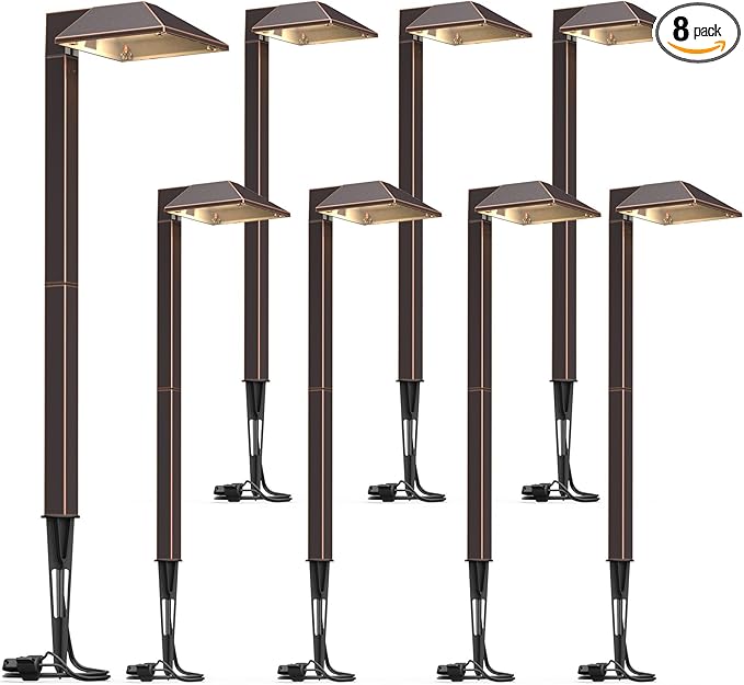 GOODSMANN Low Voltage Landscape Lights 8PK Landscape Lighting Kit Pathway Light Wired Outdoor Walkway Lights 0.7W LED 100 Lumen Oil Rubbed Bronze Finish Warm White with Cable Connectors Metal Stakes