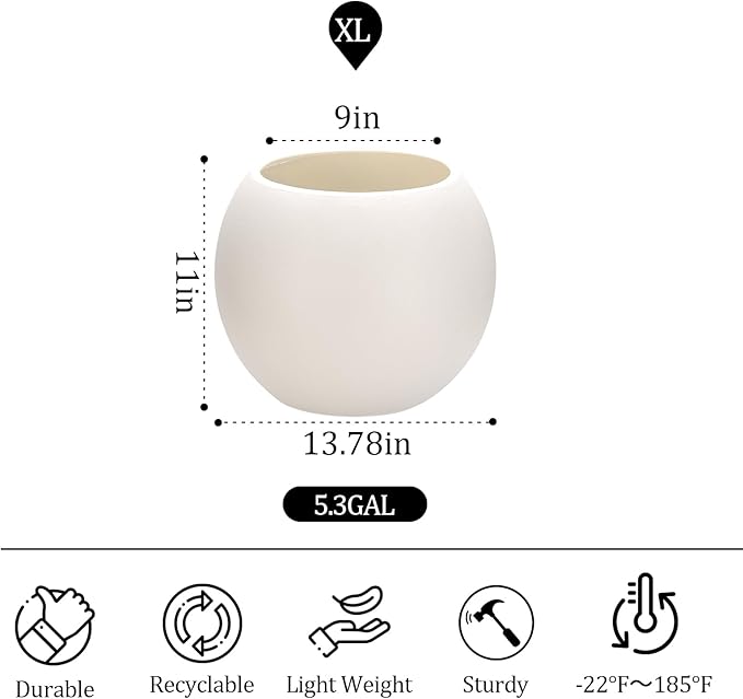 13.78”Dx11”H Lightweight Durable Modern Plastic Sphere Planter with Drainage Hole & Rubber Plug Weather Resistant,Planters for Indoor Plants & Outdoor,Large Plant Pot,(White, 9" Pot Opening)