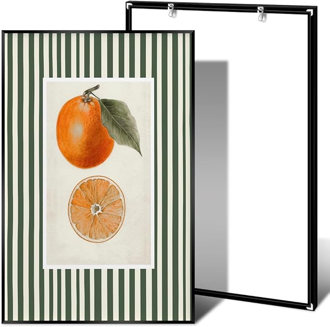 Vintage Green Striped Orange Fruit Canvas Wall Art Modern Farmhouse Botanical Kitchen Food Prints Posters Minimalist Colorful Aesthetic Pictures Boho Decor for Bedroom 24x36inch Metal Black Frame