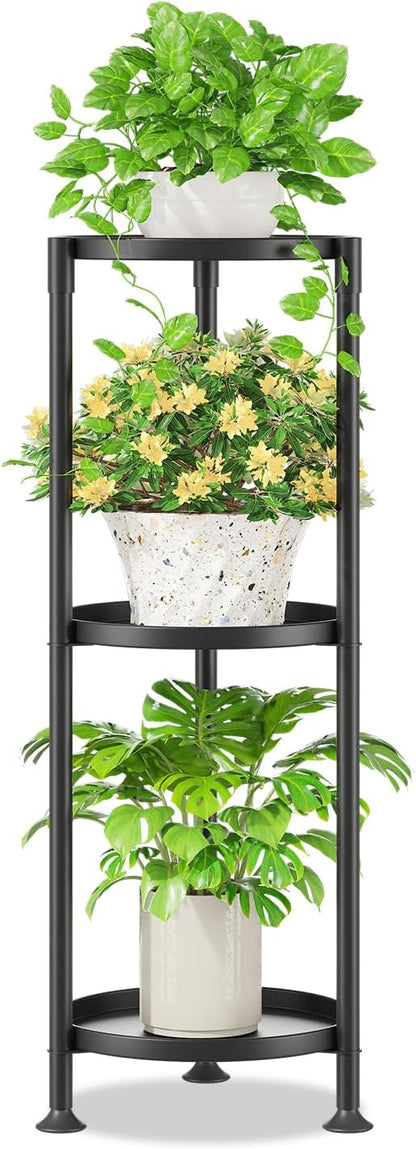 iDavosic.ly 3 Tier Plant Stand Indoor with 10 Inch Wide Tray, Vertical Corner Metal Outdoor Flower Display Holder Shelf, Folding Tall Rack for Patio Porch Living Room, Modern Black