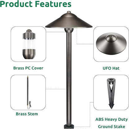 DOSHINE® Solid Brass Low Voltage Landscape Lighting Pathway Lights (9" Shade, 22" Tall) with Replaceable 3W G4 LED Bulb 3000K AC/DC 12V and Ground Stake for Outdoor Walkway Driveway (UFO, 4-Pack)