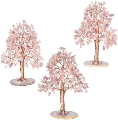 Natural Healing Crystal Tree of Prosperity Wire Wrapped on Agate Base Money Tree Bonsai Tree Home Office Decoration for Good Luck, Rose Quartz