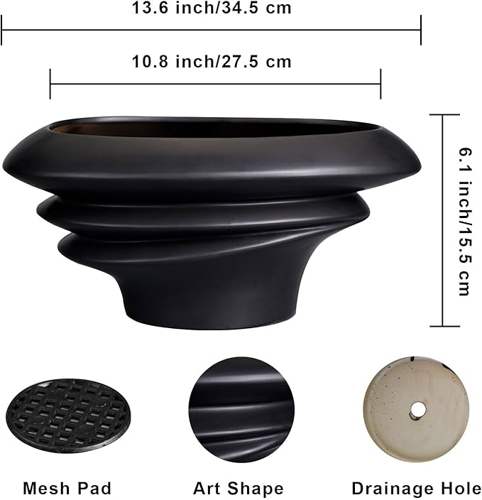 SQOWL Bonsai Pots - 12 Inch Ceramic Bonsai Planter Succulent Pot for Indoor Outdoor Plants Decorative Plant Pot with Drainage Hole Large Flower Pot for Tree Cactus Black