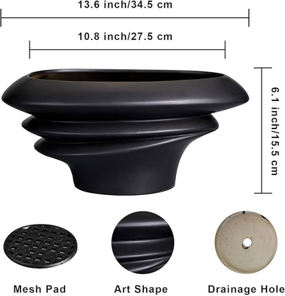 SQOWL Bonsai Pots - 12 Inch Ceramic Bonsai Planter Succulent Pot for Indoor Outdoor Plants Decorative Plant Pot with Drainage Hole Large Flower Pot for Tree Cactus Black