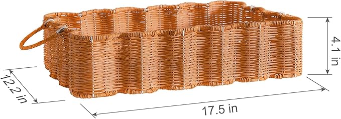 Scalloped Rattan Tray Basket,17"*12"*4" Super Hard Rectangle Hand Woven Wicker Serving Tray with Handles, Seagrass Decoratve Tray for Coffee Table (Rattan-Light Orange-17 * 12 * 4")