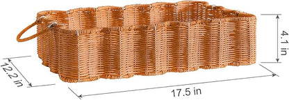 Scalloped Rattan Tray Basket,17"*12"*4" Super Hard Rectangle Hand Woven Wicker Serving Tray with Handles, Seagrass Decoratve Tray for Coffee Table (Rattan-Light Orange-17 * 12 * 4")