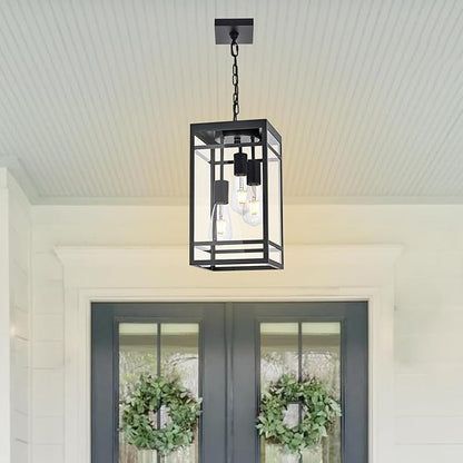 Large Outdoor Pendant Light for Porch, Black 3 Lights Outdoor Pendant Light Fixtures, Modern Hanging Light Fixture, Exterior Chandelier Hanging Lantern for Patio,Front Door