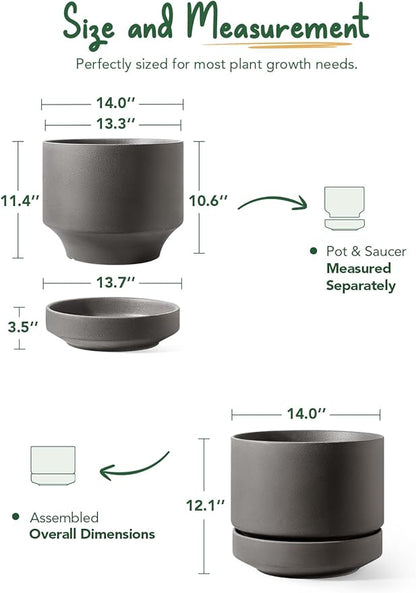 LE TAUCI 14 Inch Large Plant Pot with Saucer, Ceramic Outdoor & Indoor Big Planter with Drainage Hole, Mesh Pad & Plug Included, Unglazed Porous, Modern for Home and Patio, Charcoal Gray
