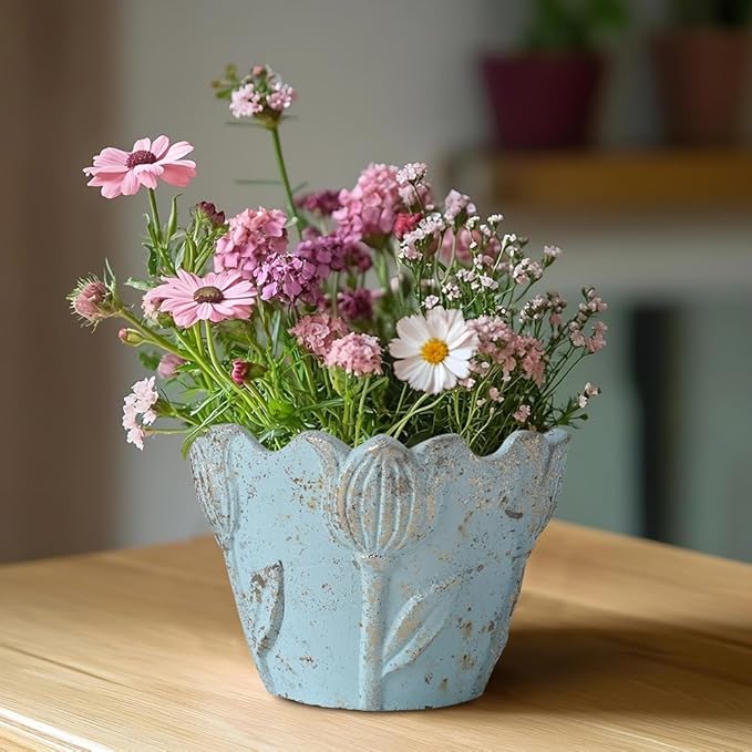 5.63" Rustic Cement Plant Pot Succulent Planters for Outdoor/Indoor Plants Vintage Tulip Planter Pot Cylinder Round Flower Pot for Succulent/Herbs/Violets, Home Garden Balcony Decor Blue