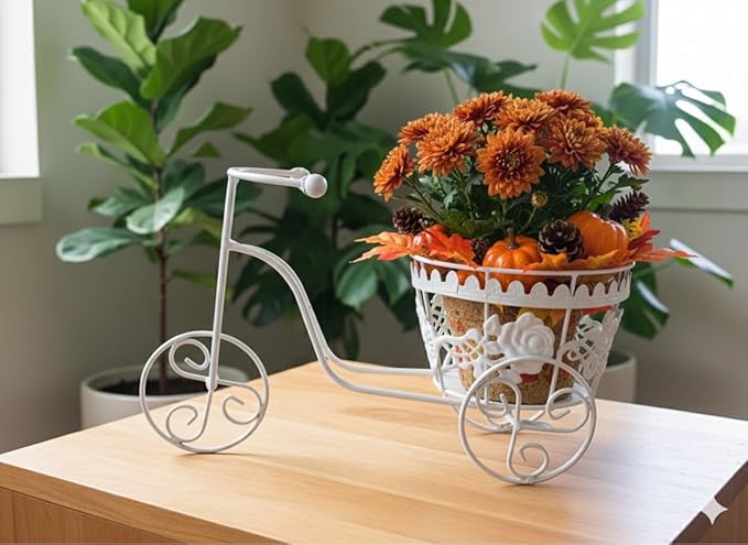 White Metal Antique Finish Mini Cycle Planter | All-Season Decorative Planter for Indoor & Outdoor Plants | Shabby Chic Garden Decor for Patio, Porch & Backyard | Thoughtful Gift
