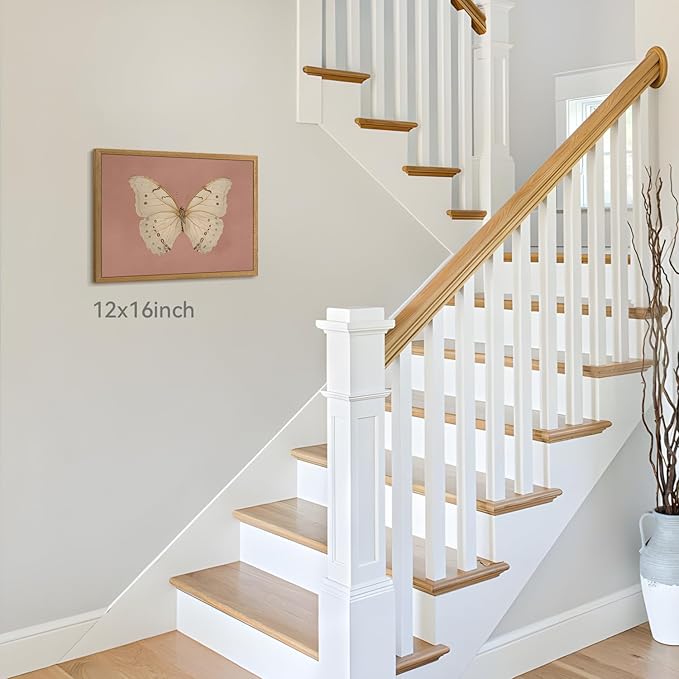 CAZLOUC Vintage Butterfly Canvas Wall Art, Pink Bathroom Wall Decor, Classic White Butterfly Aesthetic Picture, Retro Nature Insect Poster Print for Bedroom Living Room Wood Framed 16x24 Inch
