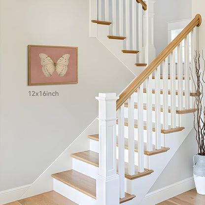 CAZLOUC Vintage Butterfly Canvas Wall Art, Pink Bathroom Wall Decor, Classic White Butterfly Aesthetic Picture, Retro Nature Insect Poster Print for Bedroom Living Room Wood Framed 16x24 Inch