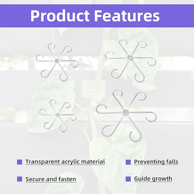 12 Pcs Transparent Plant Stem Support, Reusable Invisible Plastic Stem Support Holders, with 30 Pcs Plant Climbing Wall Clips and 4 Pcs 7 Inch Support Stakes for Monstera Vertical Growth