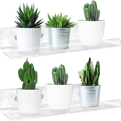 2 Pack Suction Cup Window Shelf for Plants 12 Inches, Clear Acrylic Indoor Plant Shelf Window Ledge Garden Sill Extender for Micro Greens, Seed Starter Pots, Herb Planters