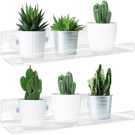 2 Pack Suction Cup Window Shelf for Plants 16 Inches, Clear Acrylic Indoor Plant Shelf Window Ledge Garden Sill Extender for Micro Greens, Seed Starter Pots, Herb Planters