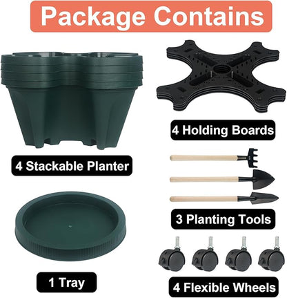 GameXcel Vertical Planter 4 Tier Stackable Planters Garden Planters Strawberry Herb Flower and Vegetable Planter Indoor Outdoor Gardening Pots with Removable Wheels and Tools