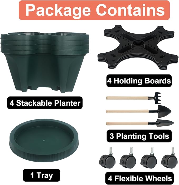 GameXcel Vertical Planter 4 Tier Stackable Planters Garden Planters Strawberry Herb Flower and Vegetable Planter Indoor Outdoor Gardening Pots with Removable Wheels and Tools 2-Pack