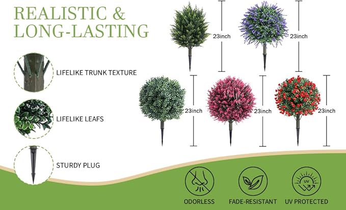 23 Inch Artificial Eucalyptus Topiary Balls Tree, UV Resistant Faux Boxwood Trees with Ground Spike, Perfect for Indoor & Outdoor Garden, Porch, Front Door, and Home Décor, Set of 2