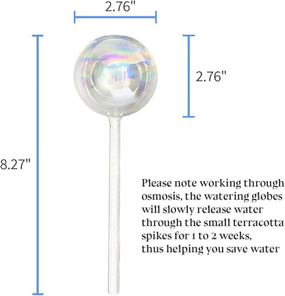 Non-Clogging Iridescent 2 Pack Ball Plant Watering Globes with Terracotta Spikes, Hand Blown Glass Self Watering Planter Insert Plant Watering Devices Bulbs for Indoor and Outdoor Plants