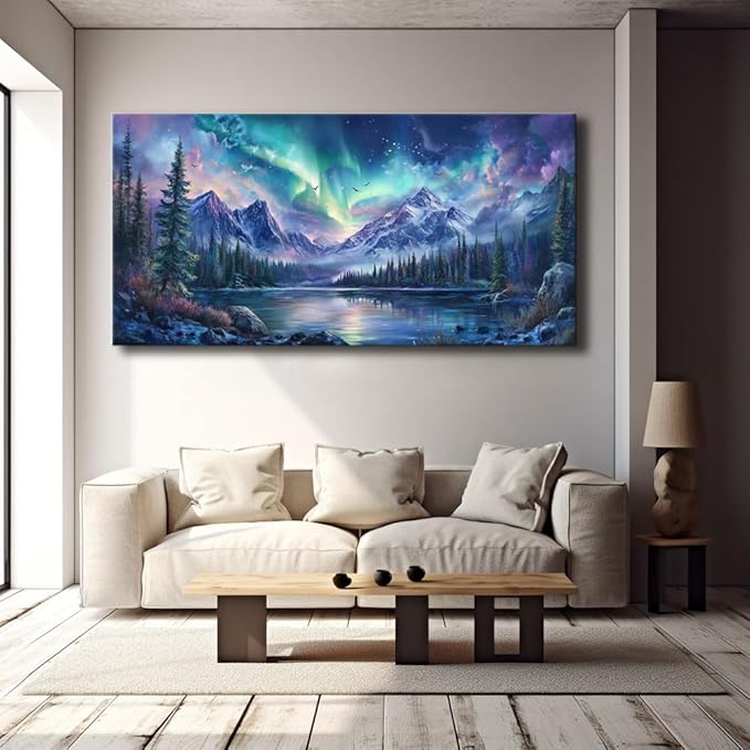 IDAFU Aurora Borealis Canvas Wall Art Northern Lights Wall Printing Farmhouse Abstract Snow Mountain Tree Forest Scenery Canvas Nature Landscape Artwork For office Home Décor Ready to Hang 32L x 16W