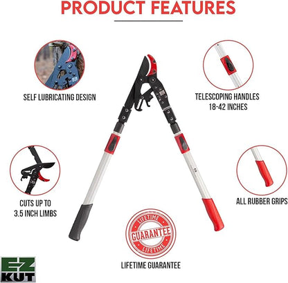 EZ Kut Tree Trimming Combo Kit – Includes 42" Extendable Ratcheting Lopper + Sling Pak Sheath + Bonus Replacement Blade – Heavy Duty Garden Tools Set, Pruning Shears for Thick Branches (Green Pack)