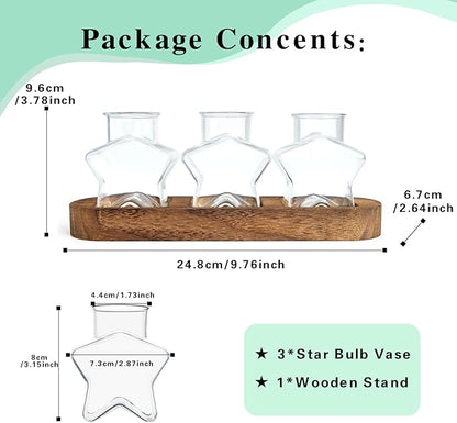 Plant Propagation Stations, Plant Lover Gift, Star Shaped Glass Vase with Wooden Stand for Propagating Hydroponic Home Office Garden Decor