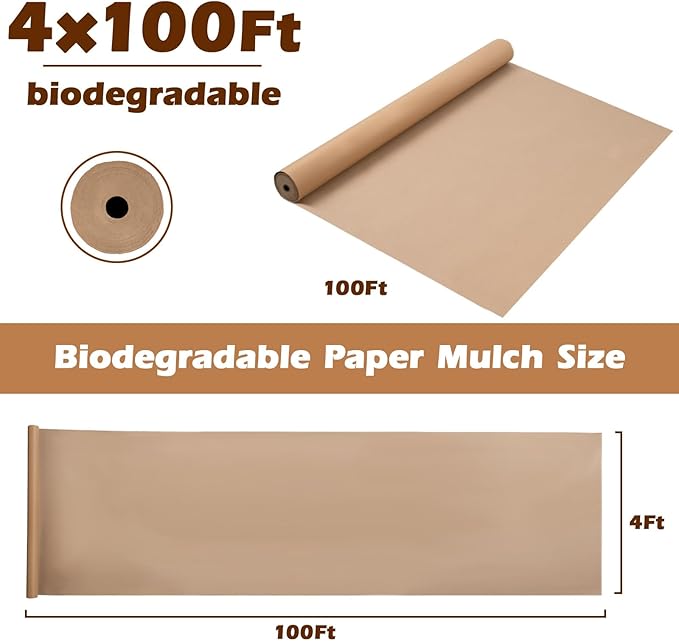 4 x 100 Ft Biodegradable Paper Weed Barrier Heavy Duty Biodegradable Landscape Fabric Garden Bed Grass Garden Paper Weed Control Barrier Weed Paper for Landscaping