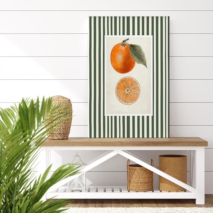 Vintage Green Striped Orange Fruit Canvas Wall Art Modern Farmhouse Botanical Kitchen Food Prints Posters Minimalist Colorful Aesthetic Pictures Boho Decor for Bedroom Restaurant 20x30inch Framed