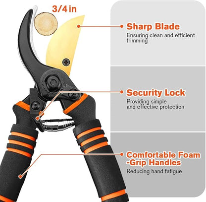 Garden Shears, Pruning Clippers, Professional Straight Blade Hand Shears Heavy Duty, Hedge Shears, 8" Hand Clippers with Rubberized Handles, Plant Trimming Scissors for Gardening, Shrub