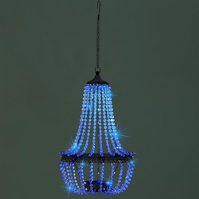 Hanging Solar Lantern Outdoor, 28” Modern Clear Crystal Acrylic Chandelier with 30 Blue Lights S Hook for Garden, Yard, Patio, Gazebo Decorations