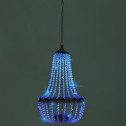 Hanging Solar Lantern Outdoor, 28” Modern Clear Crystal Acrylic Chandelier with 30 Blue Lights S Hook for Garden, Yard, Patio, Gazebo Decorations