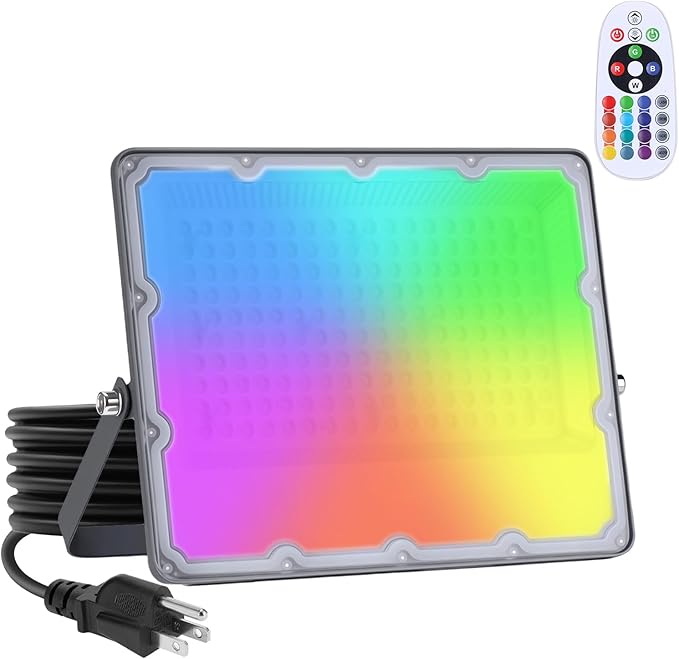 WeDo RGB LED Flood Light 150W Equivalent – 60W Plug-in Outdoor Color-Changing Spotlight with Remote, 4 Modes, 8-Level Dimming, IP65 Waterproof for Garden, Landscape, Wall Wash