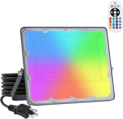 WeDo RGB LED Flood Light 150W Equivalent – 60W Plug-in Outdoor Color-Changing Spotlight with Remote, 4 Modes, 8-Level Dimming, IP65 Waterproof for Garden, Landscape, Wall Wash