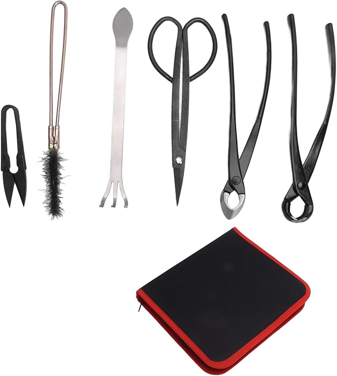6pcs Succulent Plants Tools, Stainless Steel Bonsai Tool Set, Durable Gardening Hand Tools with Storage Bag for Home Garden Yard, Carbon Steel Leaf Bud Scissors Rake Pliers Brush