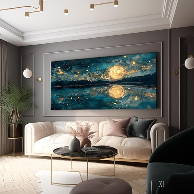 Moon Sea Ocean and Stars Canvas Wall Art -Moonrise at Sea Night Landscape Scene Printing, Moon & Lake Abstract Nature Artwork for Living Room, Bedroom & Coastal Home Décor, Ready to Hang 32L" x 16W"