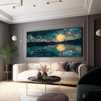 Moon Sea Ocean and Stars Canvas Wall Art -Moonrise at Sea Night Landscape Scene Printing, Moon & Lake Abstract Nature Artwork for Living Room, Bedroom & Coastal Home Décor, Ready to Hang 32L" x 16W"