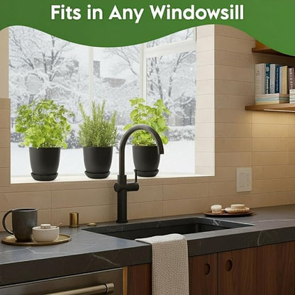 Indoor Garden Kit - Plant Pots with Drainage, Watering Can & Tools - Ideal Windowsill Planter Set - Modern Home & Kitchen Decor Gift - Black